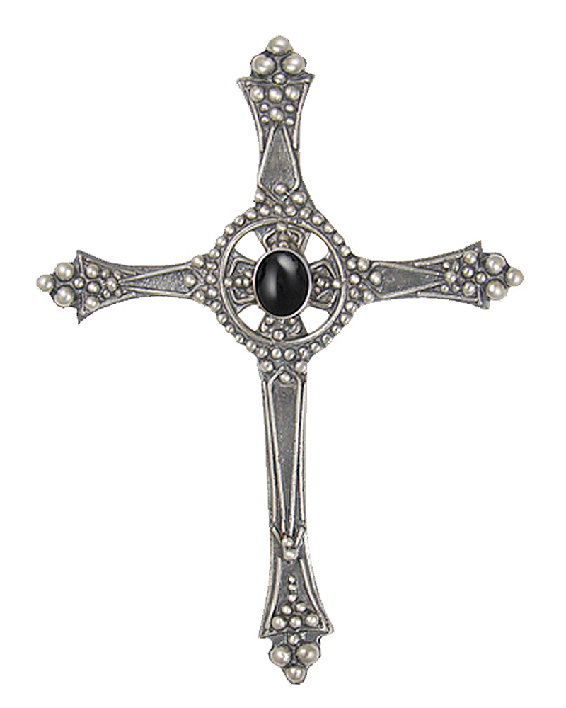 Sterling Silver Baroque Cross Pendant With Black Onyx